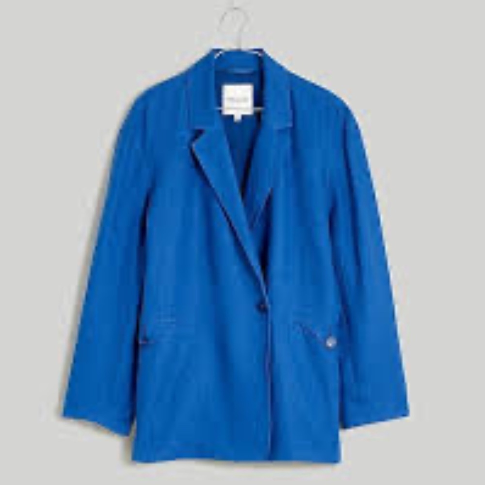 Madewell Double-Breasted Crossover Oversize Blazer in 100% Linen Cobalt Blue